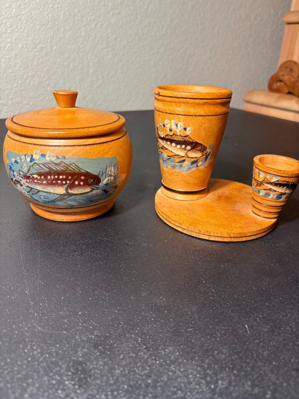 Mid Century Handmade & Painted Wooden Bowl & Utensil Holder Peru